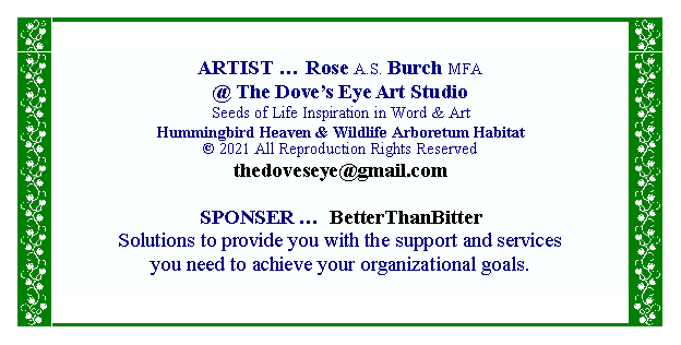 Text Box: ARTIST … Rose A.S. Burch MFA @ The Dove’s Eye Art Studio Seeds of Life Inspiration in Word & ArtHummingbird Heaven & Wildlife Arboretum Habitat© 2021 All Reproduction Rights Reserved thedoveseye@gmail.comSPONSER …  BetterThanBitterSolutions to provide you with the support and services you need to achieve your organizational goals.